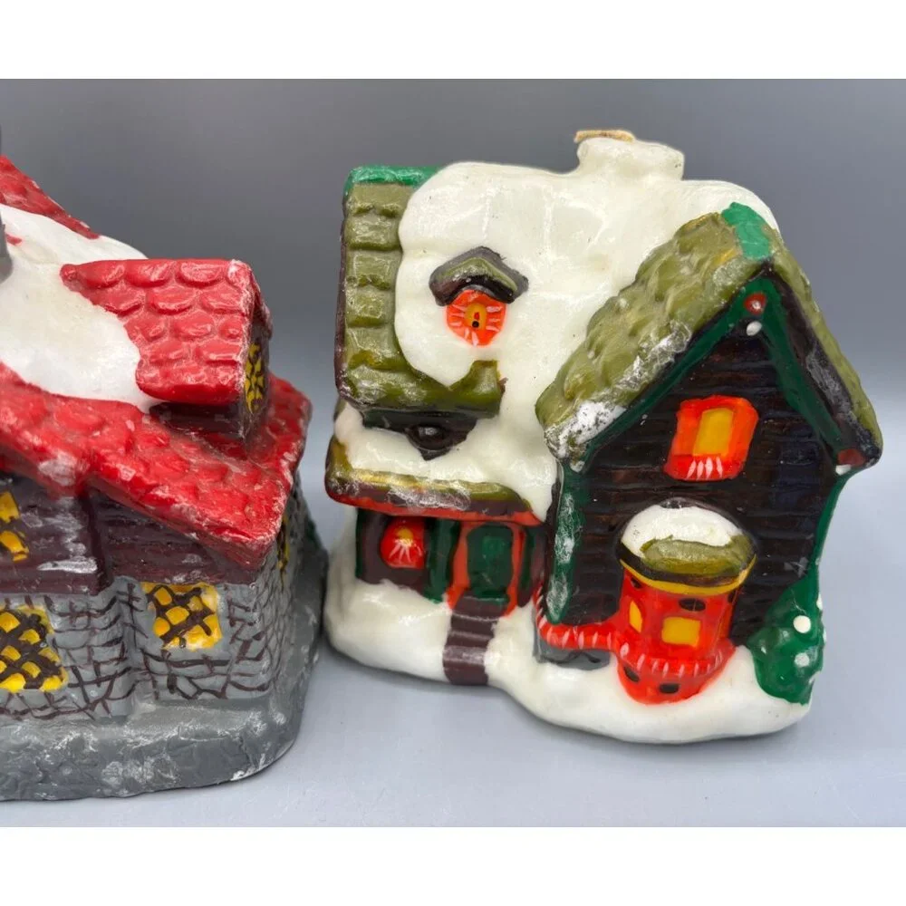 Vtg Candles Wax Snowy‎ Cottage Village Set Of 2 Christmas Décor